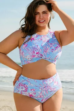 Sale Dear-Lover Plus Size Floral Print Twisted High Waist Bikini Set Sky Blue