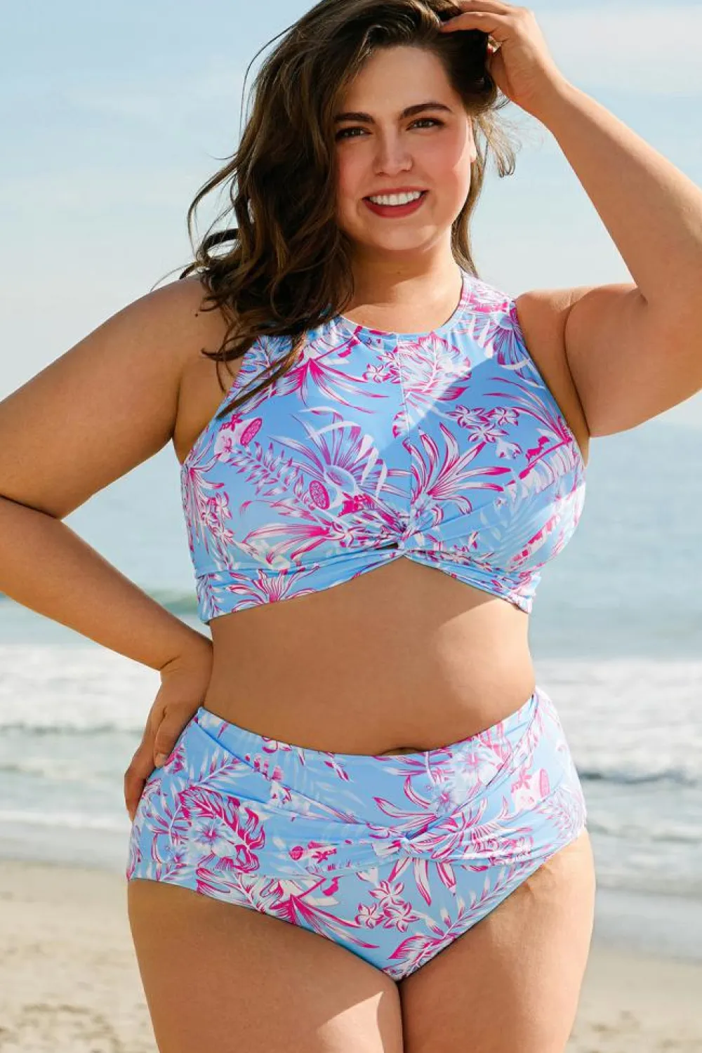 Sale Dear-Lover Plus Size Floral Print Twisted High Waist Bikini Set Sky Blue
