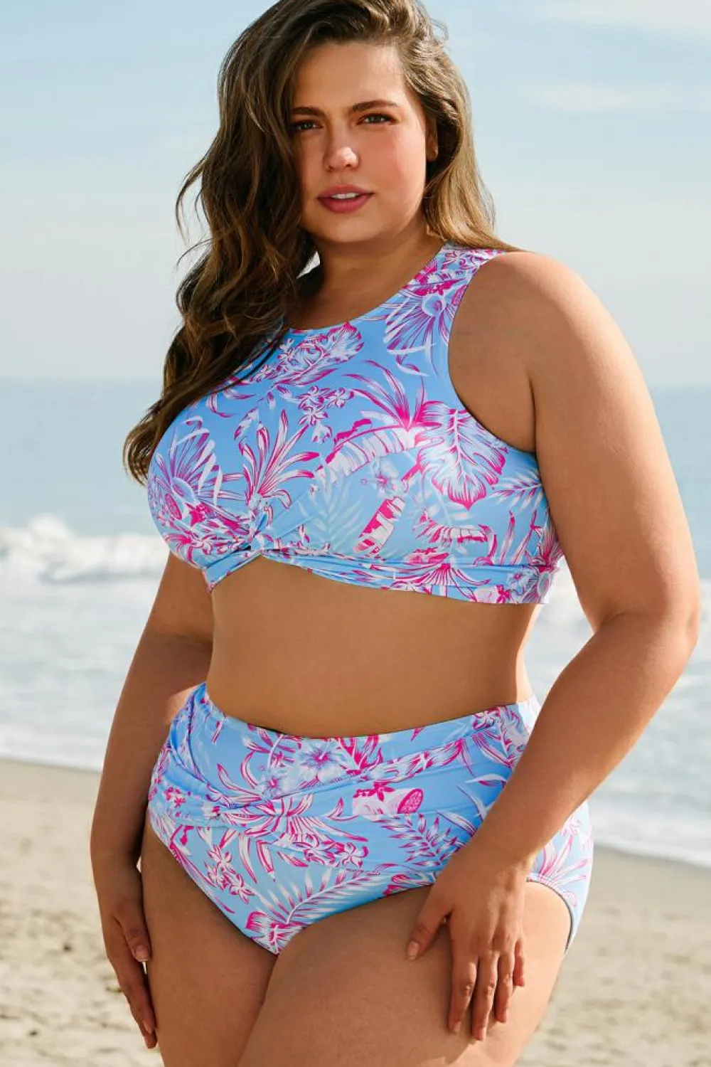 Sale Dear-Lover Plus Size Floral Print Twisted High Waist Bikini Set Sky Blue
