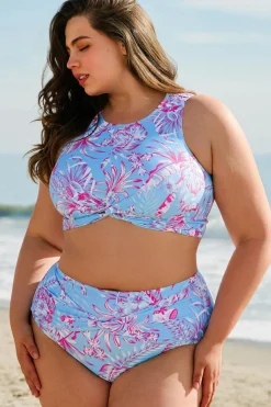 Sale Dear-Lover Plus Size Floral Print Twisted High Waist Bikini Set Sky Blue