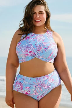Sale Dear-Lover Plus Size Floral Print Twisted High Waist Bikini Set Sky Blue