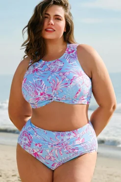 Sale Dear-Lover Plus Size Floral Print Twisted High Waist Bikini Set Sky Blue