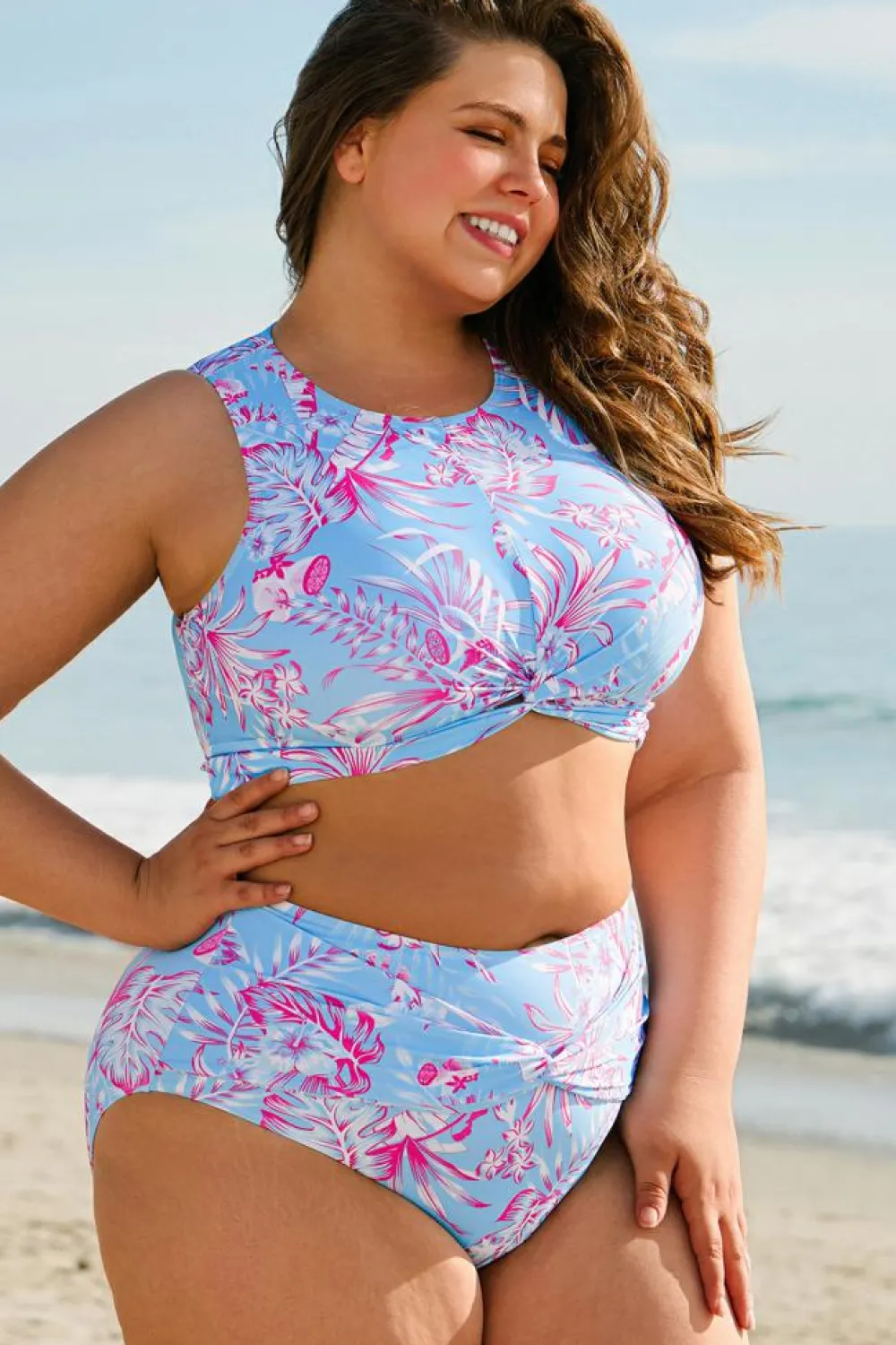 Sale Dear-Lover Plus Size Floral Print Twisted High Waist Bikini Set Sky Blue