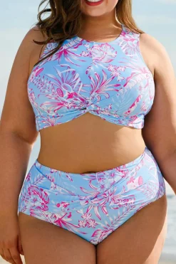 Sale Dear-Lover Plus Size Floral Print Twisted High Waist Bikini Set Sky Blue