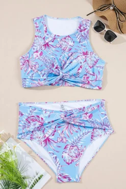 Sale Dear-Lover Plus Size Floral Print Twisted High Waist Bikini Set Sky Blue