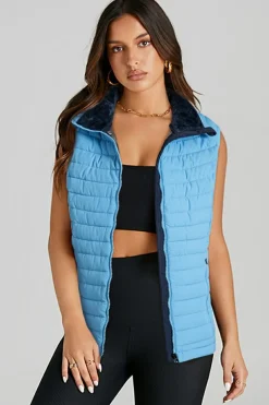 Online Dear-Lover Plush Collared Quilted Zipped Puffer Vest Sky Blue
