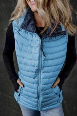 Online Dear-Lover Plush Collared Quilted Zipped Puffer Vest Sky Blue