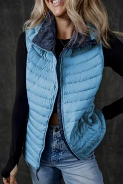 Online Dear-Lover Plush Collared Quilted Zipped Puffer Vest Sky Blue