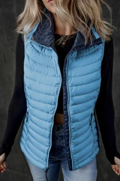 Online Dear-Lover Plush Collared Quilted Zipped Puffer Vest Sky Blue