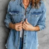 Outlet Dear-Lover Pocket Raw Hem Buttoned Denim Jacket Sky Blue