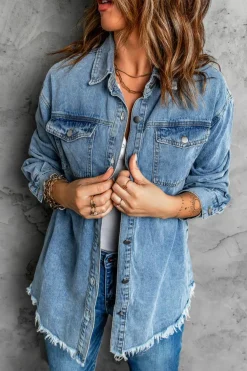Outlet Dear-Lover Pocket Raw Hem Buttoned Denim Jacket Sky Blue