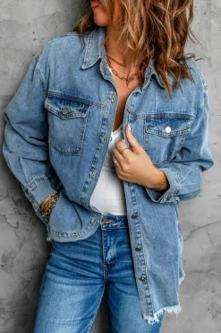 Outlet Dear-Lover Pocket Raw Hem Buttoned Denim Jacket Sky Blue