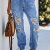 Hot Dear-Lover Pocketed Distressed Denim Joggers Sky Blue