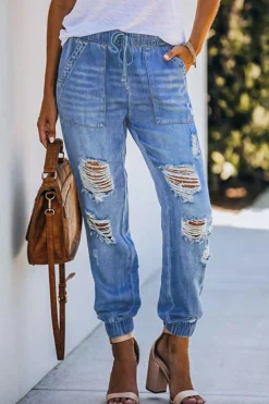 Hot Dear-Lover Pocketed Distressed Denim Joggers Sky Blue