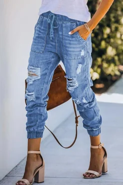 Hot Dear-Lover Pocketed Distressed Denim Joggers Sky Blue