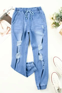 Hot Dear-Lover Pocketed Distressed Denim Joggers Sky Blue