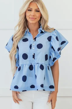 Discount Dear-Lover Polka Dot Print Ruffled Short Sleeve Buttoned Collared Blouse Sky Blue