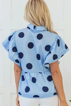 Discount Dear-Lover Polka Dot Print Ruffled Short Sleeve Buttoned Collared Blouse Sky Blue