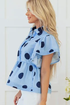 Discount Dear-Lover Polka Dot Print Ruffled Short Sleeve Buttoned Collared Blouse Sky Blue