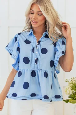 Discount Dear-Lover Polka Dot Print Ruffled Short Sleeve Buttoned Collared Blouse Sky Blue