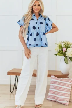 Discount Dear-Lover Polka Dot Print Ruffled Short Sleeve Buttoned Collared Blouse Sky Blue