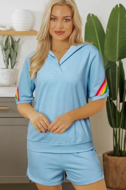 Hot Dear-Lover Rainbow Colorblock Collared Short Sleeve Top 2 Piece Shorts Set Sky Blue