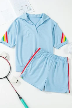 Hot Dear-Lover Rainbow Colorblock Collared Short Sleeve Top 2 Piece Shorts Set Sky Blue