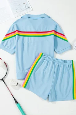 Hot Dear-Lover Rainbow Colorblock Collared Short Sleeve Top 2 Piece Shorts Set Sky Blue
