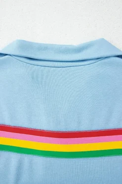 Hot Dear-Lover Rainbow Colorblock Collared Short Sleeve Top 2 Piece Shorts Set Sky Blue