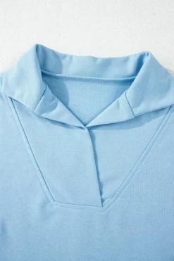 Hot Dear-Lover Rainbow Colorblock Collared Short Sleeve Top 2 Piece Shorts Set Sky Blue
