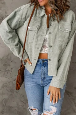 Clearance Dear-Lover Raw Hem Flap Pockets Cropped Corduroy Jacket Sky Blue