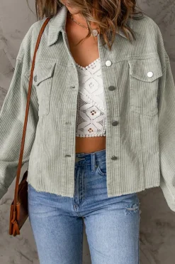 Clearance Dear-Lover Raw Hem Flap Pockets Cropped Corduroy Jacket Sky Blue