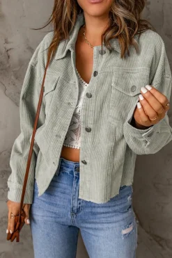 Clearance Dear-Lover Raw Hem Flap Pockets Cropped Corduroy Jacket Sky Blue