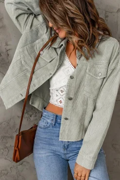 Clearance Dear-Lover Raw Hem Flap Pockets Cropped Corduroy Jacket Sky Blue