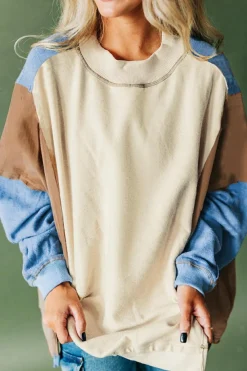 Best Dear-Lover Ribbed Detail Color Block Sleeve Baggy Sweatshirt Sky Blue