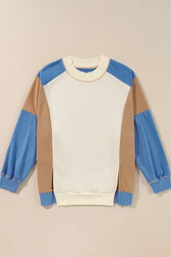 Best Dear-Lover Ribbed Detail Color Block Sleeve Baggy Sweatshirt Sky Blue