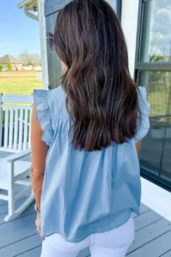 Hot Dear-Lover Ric Rac Trim Frilly Sleeveless Shirt Sky Blue