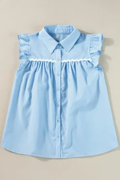 Hot Dear-Lover Ric Rac Trim Frilly Sleeveless Shirt Sky Blue