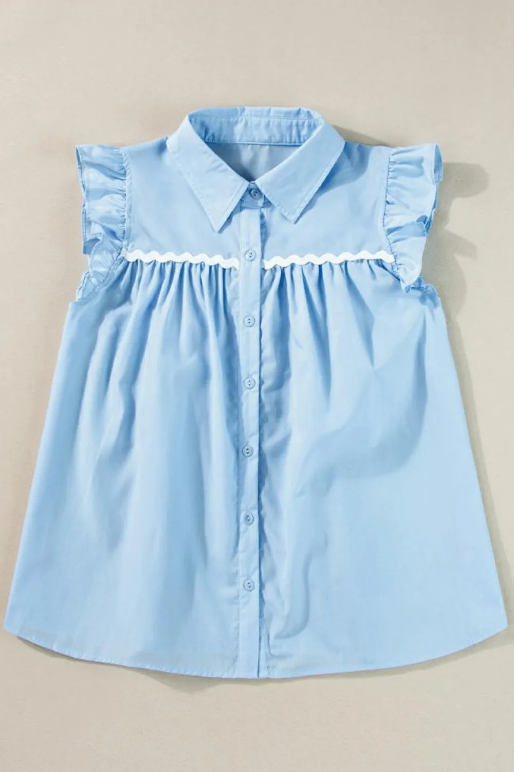 Hot Dear-Lover Ric Rac Trim Frilly Sleeveless Shirt Sky Blue