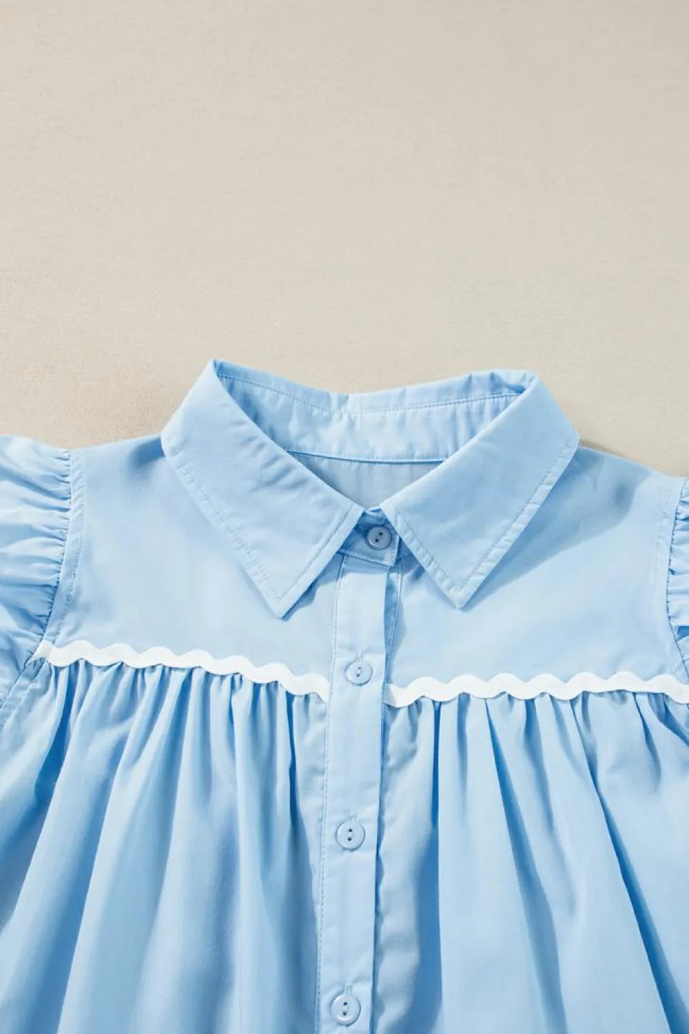 Hot Dear-Lover Ric Rac Trim Frilly Sleeveless Shirt Sky Blue