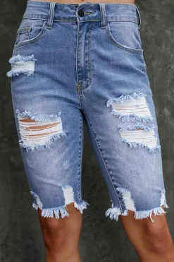 Fashion Dear-Lover Ripped Tassel Bermuda Denim Shorts Sky Blue