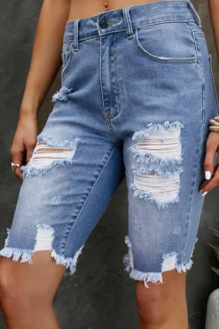 Fashion Dear-Lover Ripped Tassel Bermuda Denim Shorts Sky Blue