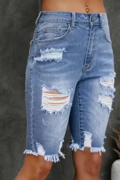 Fashion Dear-Lover Ripped Tassel Bermuda Denim Shorts Sky Blue