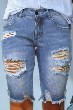 Fashion Dear-Lover Ripped Tassel Bermuda Denim Shorts Sky Blue