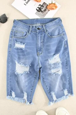 Fashion Dear-Lover Ripped Tassel Bermuda Denim Shorts Sky Blue