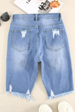 Fashion Dear-Lover Ripped Tassel Bermuda Denim Shorts Sky Blue