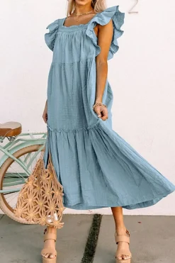 Hot Dear-Lover Ruffled Flutter Sleeve Square Neck Textured Tiered Maxi Dress Sky Blue
