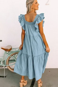 Hot Dear-Lover Ruffled Flutter Sleeve Square Neck Textured Tiered Maxi Dress Sky Blue