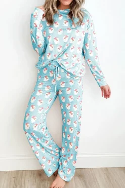 Hot Dear-Lover Santa Claus Striped Print Loose Fit Two Piece Lounge Set Sky Blue