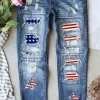 Fashion Dear-Lover Sequin American Flag Star Graphic Distressed Straight Jeans Sky Blue